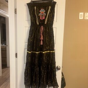 Venus Black and Gold Strapless Maxi Dress with Embroidery